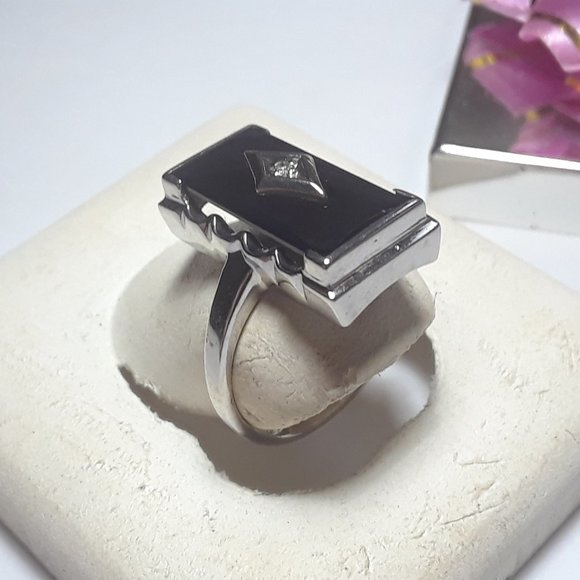 Vintage Rectagular Fancy Top Onyx with Natural Diamond 10Kt White Gold Ring16031 - Picture 3 of 5